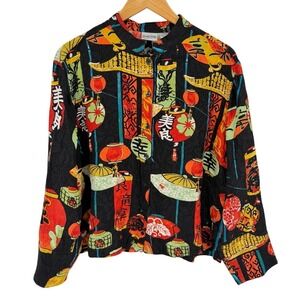 Chicos Vintage 100% Silk Womens Size 2 Large Red Asian Lantern Print Maximalist